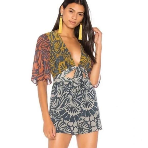 BCBGMaxAzria Pants - BCBGMAXAZRIA Ivy Cotton Silk Blocked Floral Print Tie Front Romper Size XS